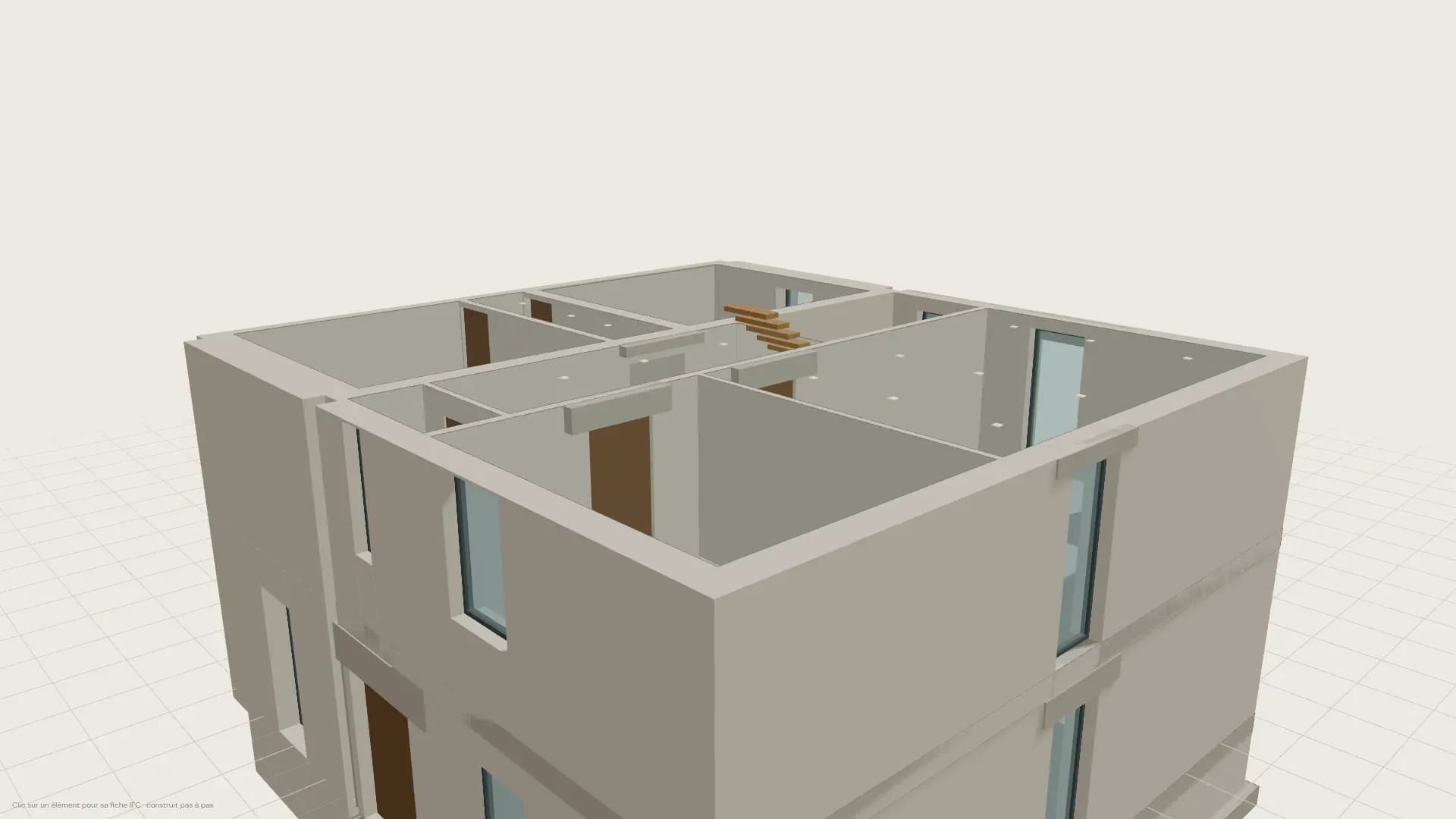 Maquette 3D d’une maison construite par un agent IA à partir des plans d’architecte, avec murs, baies, escalier et spots.