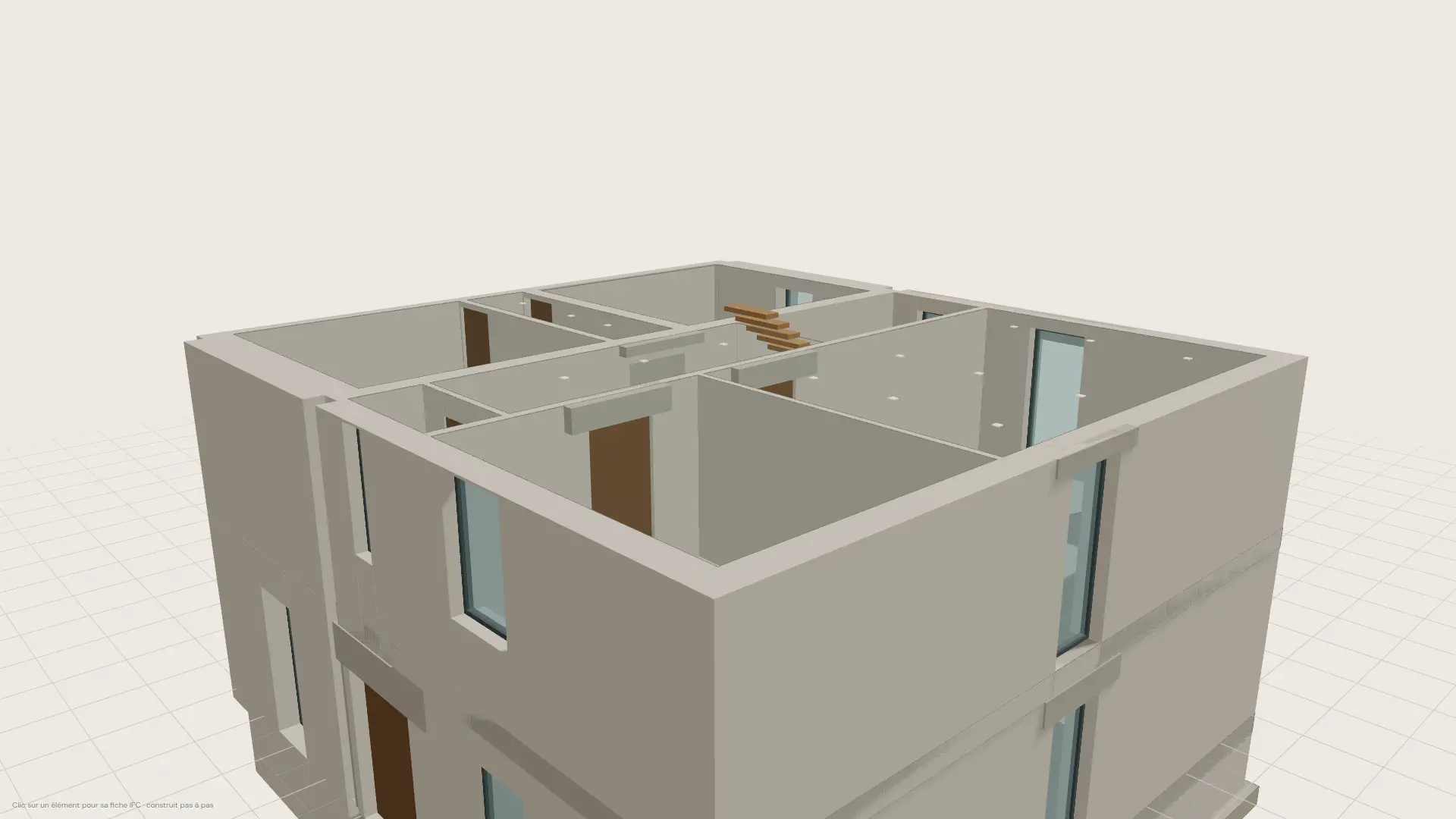 Maquette 3D d'une maison coupée au premier étage, avec murs, baies, linteaux et escalier