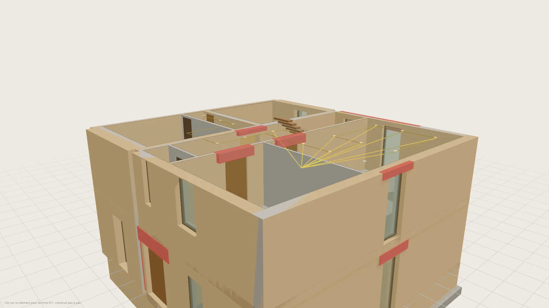 Maquette 3D avec les linteaux en rouge et les liaisons d'un interrupteur vers ses lampes en jaune