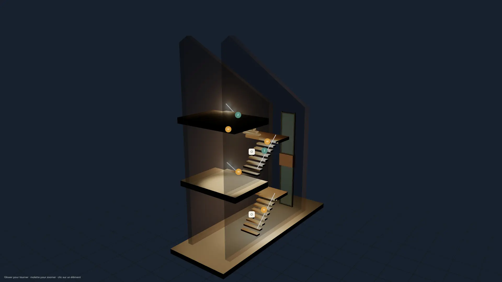 Cage d'escalier sur trois niveaux, de nuit, avec luminaires et interrupteurs