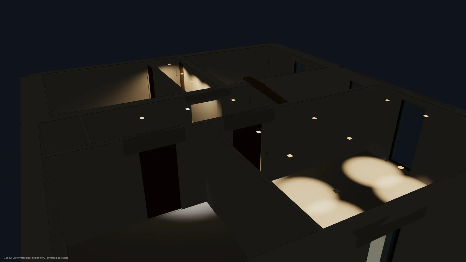 Maquette 3D d'un étage de maison, de nuit, avec les spots encastrés allumés